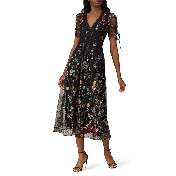monique lhuillier floral embroidered tea length dress Monique Lhuillier Floral-embroidered Tulle Midi Dress In Beigeelectric Blu